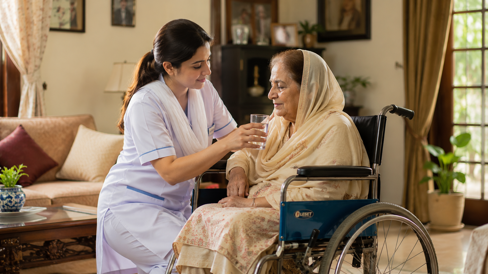 Nurse caring for elderly patient at home