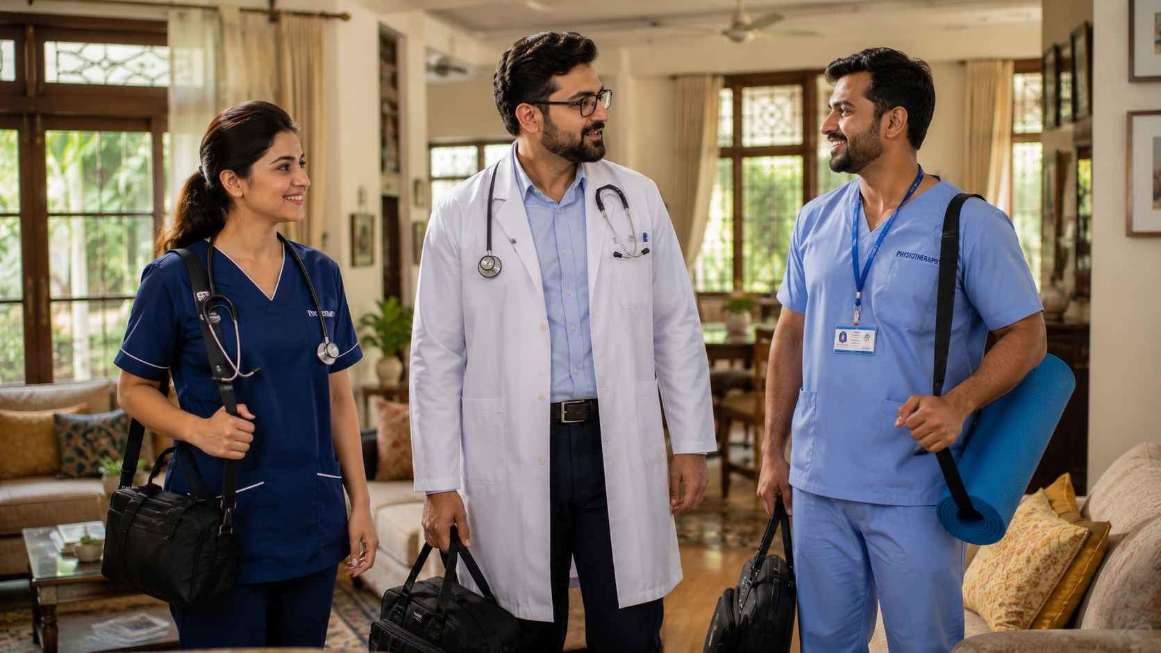 Medical professional checking patient at home